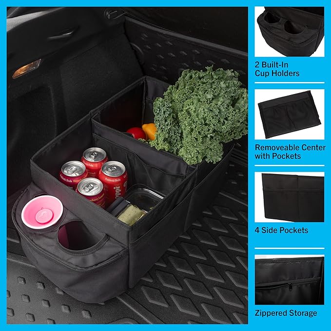Backseat Car Organizer Back Seat or Front Car Seat Organizer - Collapsible Storage Box Caddy with 2 Cupholders and Partitions for Files, Books, Toys, Snacks, Drinks or Road Trip Essentials by Stalwart