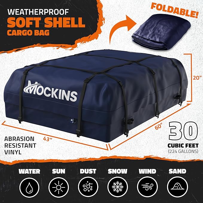 Mockins 30 Cu Ft Navy Car Rooftop Cargo Carrier Bag | 60"x43"x20" Weatherproof 500D Vinyl Car Roof Bag Cargo Carrier for Top of Vehicle | Vehicle Soft-Shell Carriers w/Roof Mat, Lock, Hooks & Straps