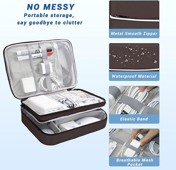 Electronics Organizer,Travel Cord Organizer Pouch, Portable Cable Organizer Bags, Waterproof Electronic Accessories Storage Case for Cables, Cords, Charger, Phone (Three Layer-Brown)