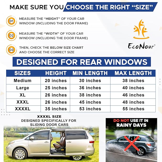 EcoNour Car Window Screens for Camping (Pack of 2) | 100% Protection from Bugs, UV and Mosquito Net | Breathable Mesh Baby Window Covers for Privacy Blackout (Medium 38"x20") | Car Window Accessories