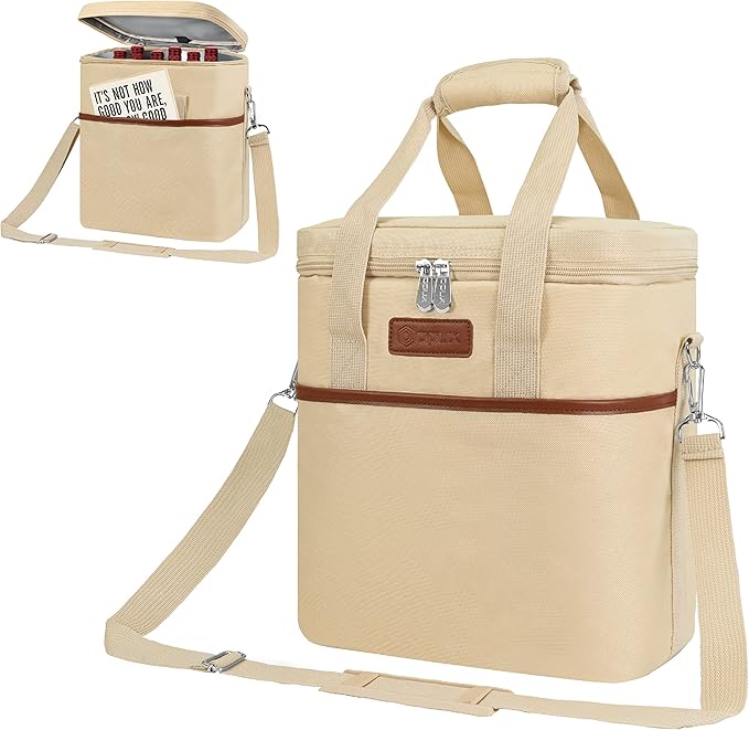 Opux 6 Bottle Carrier Tote | Insulated Padded Cooler Bag for Travel, Picnic, BYOB | Portable Leakproof Wine Tote for Dinner, Party, Christmas, Gift for Women, Men (Cream Beige)
