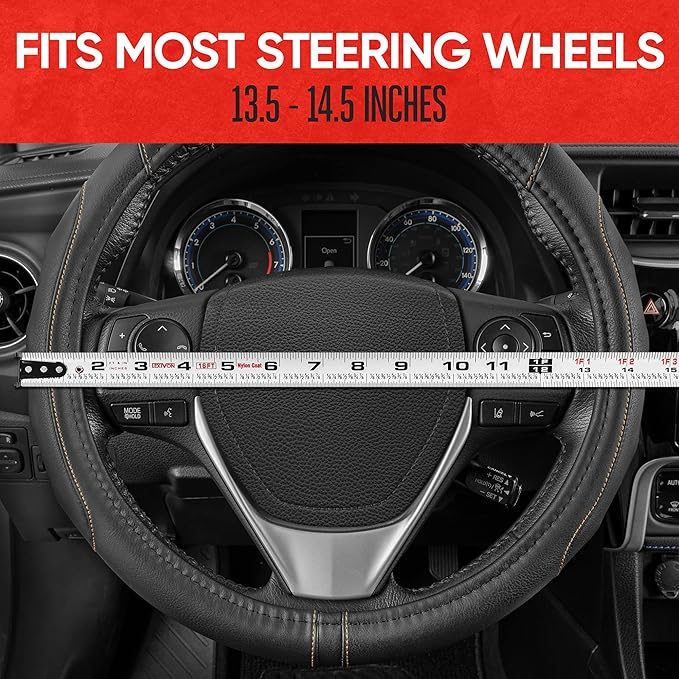 Motor Trend GripDrive Faux Black Leather Steering Wheel Cover for Car Truck Van SUV, Small 14 inch Size, Gray Accent Stitched Car Steering Wheel Cover Vehicle & Auto Accessories