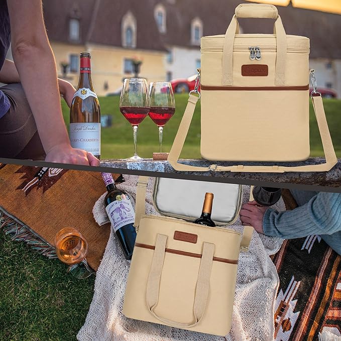 Opux 6 Bottle Carrier Tote | Insulated Padded Cooler Bag for Travel, Picnic, BYOB | Portable Leakproof Wine Tote for Dinner, Party, Christmas, Gift for Women, Men (Cream Beige)
