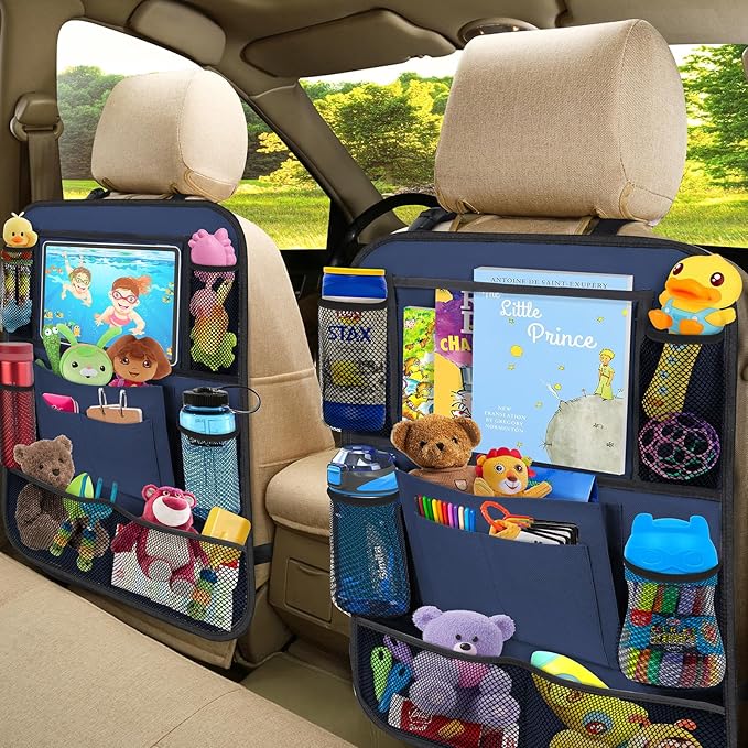 ULEEKA Car Backseat Organizer with 11" Table Holder, 10 Storage Pockets Seat Back Protectors Kick Mats for Kids Toddlers, Travel Accessories, 2 Pack, Blue
