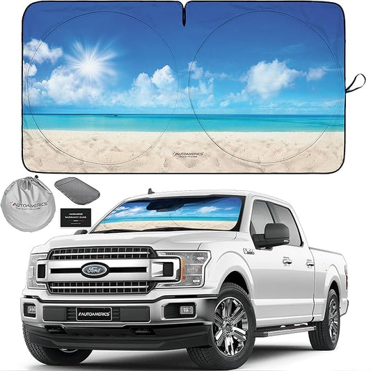 Autoamerics 1-Piece Windshield Sun Shade - Sunny Beach Design Foldable Car Front Window Sunshade for Cars SUV Truck Heat Blocker Visor Protector Blocks Max UV Rays and Keeps Your Vehicle Cool X-Large