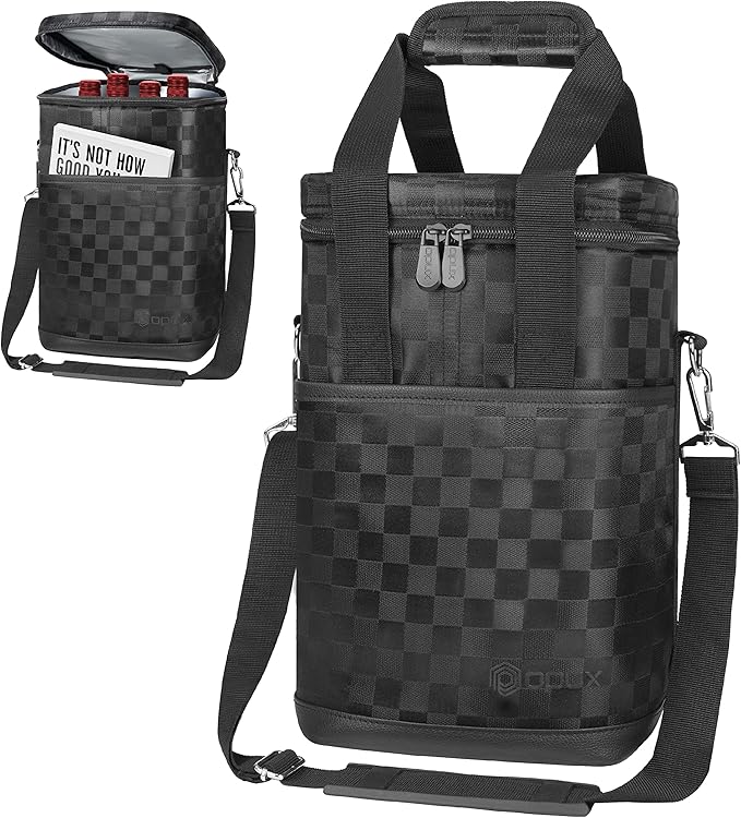 Opux 4 Bottle Insulated Wine Cooler Bag - Leakproof Padded Portable Wine Bottle Carrier for Travel Picnic, BYOB Gift (Black Square)