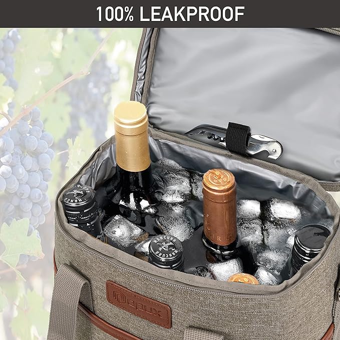 opux 6 Bottle Carrier Tote | Insulated Padded Wine Cooler Bag for Travel. Picnic, BYOB | Portable Leakproof Wine Tote Bag for Dinner, Party, Christmas, Wine Gift for Women, Men (Heather Taupe)