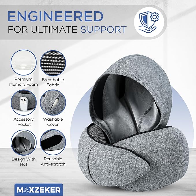 Travel Neck Pillows for Airplanes – Sleep Comfortably on Long Flights, Roadtrips, Home or Office. All-in-One Travel Sleep Kit with Hood, Eyemask and Earplugs