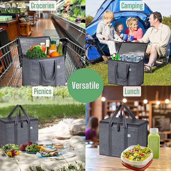 VENO 2 Pack Cooler Bag and Insulated Grocery Bags for Food Delivery, Collapsible Cooler. Reusable Shopping Bags for Groceries with Hard Bottom, Zippered Top, Foldable, Heavy-Duty (Gray, 2 Pack)