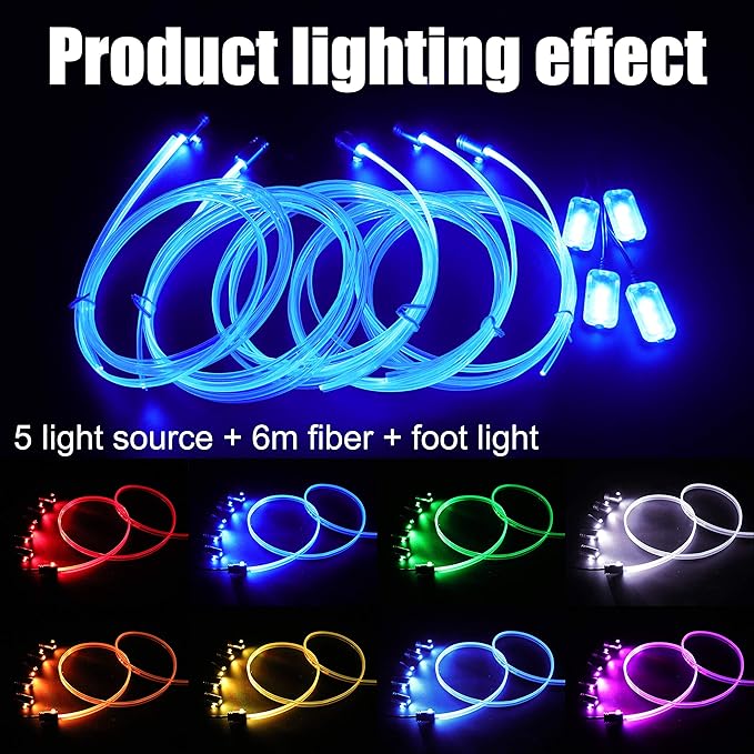 Car Ambient Footwell Lighting Optic Fiber 64 Colors Music Sound Active with APP Control Car Decorative Atmosphere Lighting Kit DC 12V 1W 6m