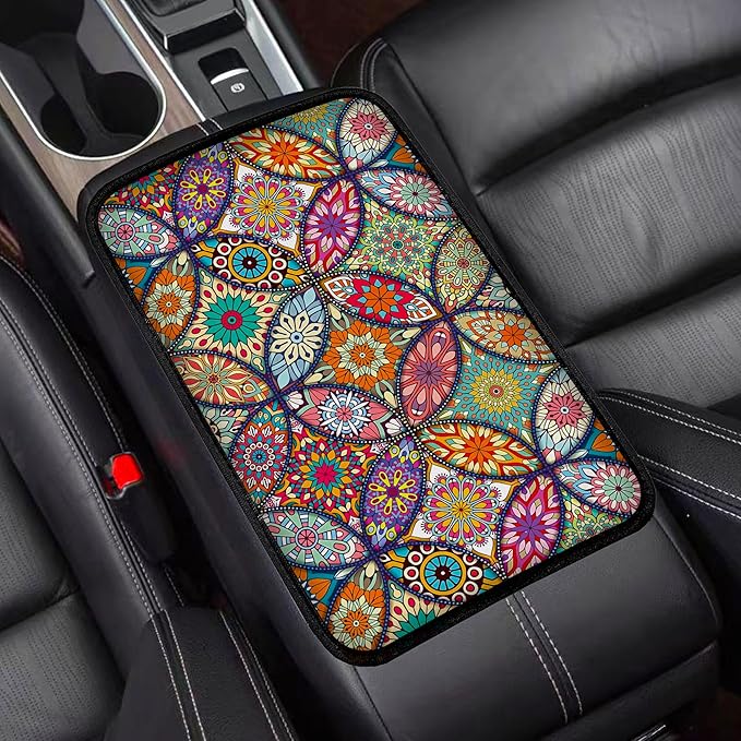 Geometric Mandala Universal Armrest Cover Pad, Car Center Console Cushion Pad, Protect from Pet Claws, Dirt, and Sticky Fingers, Comfortable Car Decor Accessories Fit for Most Cars, Vehicles, SUVs