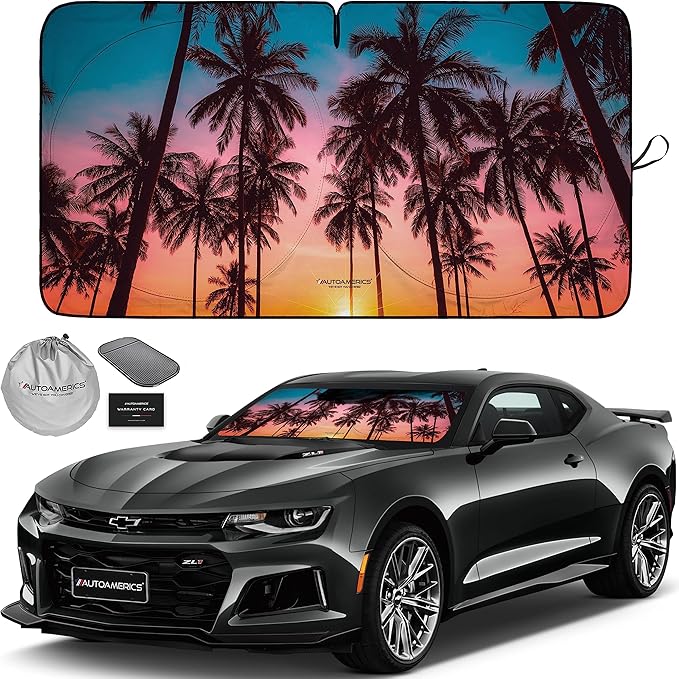 1-Piece Windshield Sun Shade - Foldable Car Front Window Sunshade for Cars SUV Truck Heat Blocker Visor Protector Blocks Max UV Rays and Keeps Your Vehicle Cool (Small = 59 x 28.5 inches, Palm Trees)