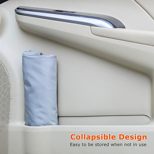 Ginsco New Leak-Proof Travel Car Trash Bag, 3.5 Gallons Large Capacity Hanging Car Trash Can with Hook and Loop Lid and Handle, Multipurpose Trash Bin with Storage Pockets for SUV RV, Atomic Silver