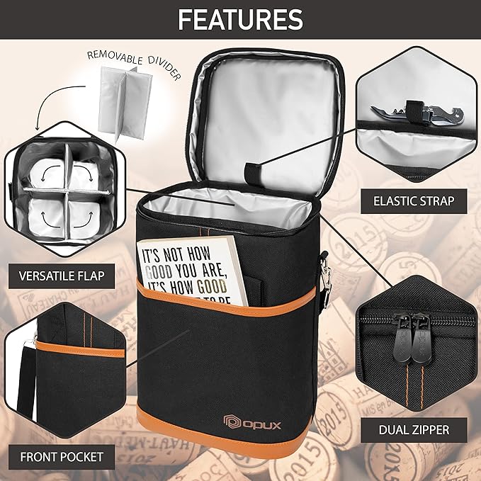 Opux 4 Bottle Insulated Wine Cooler Bag - Leakproof Padded Portable Wine Bottle Carrier for Travel Picnic BYOB Gift (Brown)