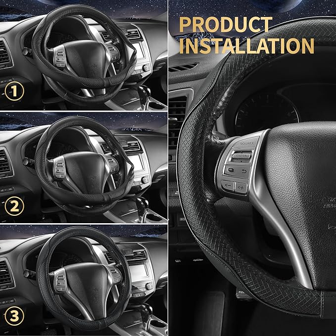 Leather Car Steering Wheel Cover,Anti-Slip, Safety, Soft, Breathable, Heavy Duty, Thick, Full Surround, Sports Style,Universal Car Accessories for Women Men Fit 14" 1/2-15"(Black)