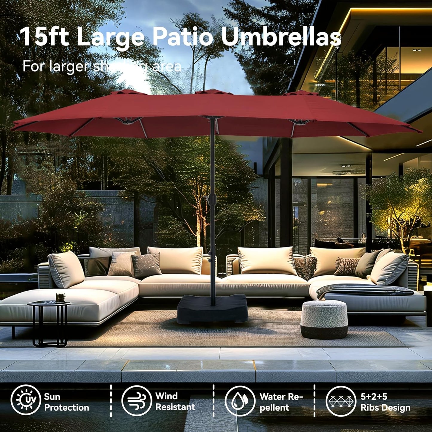 PHI VILLA 15ft Patio Umbrella Double-Sided Outdoor Market Extra Large Umbrella with Crank, Umbrella Base Included (Dark Red)