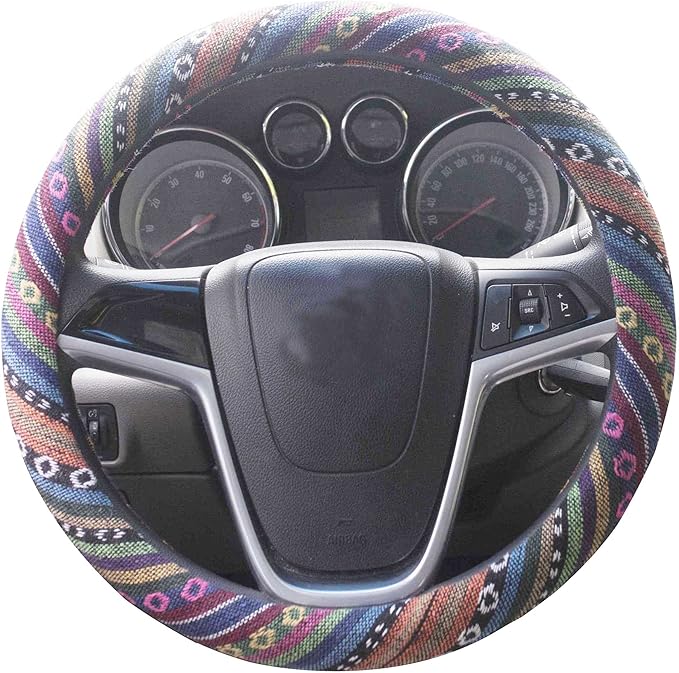 Small Ethnic Style Coarse Flax Cloth Automotive Steering Wheel Cover Anti Slip and Sweat Absorption Auto Car Wrap Cover (14''-14.25, C)