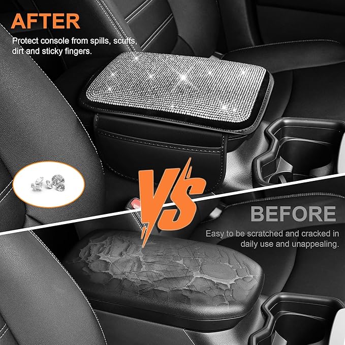 Bling Car Center Console Cover Custom Fit for Jeep Wrangler - Leather Armrest Cover with 2 Storage Pockets and Crystal Rhinestones(Black)