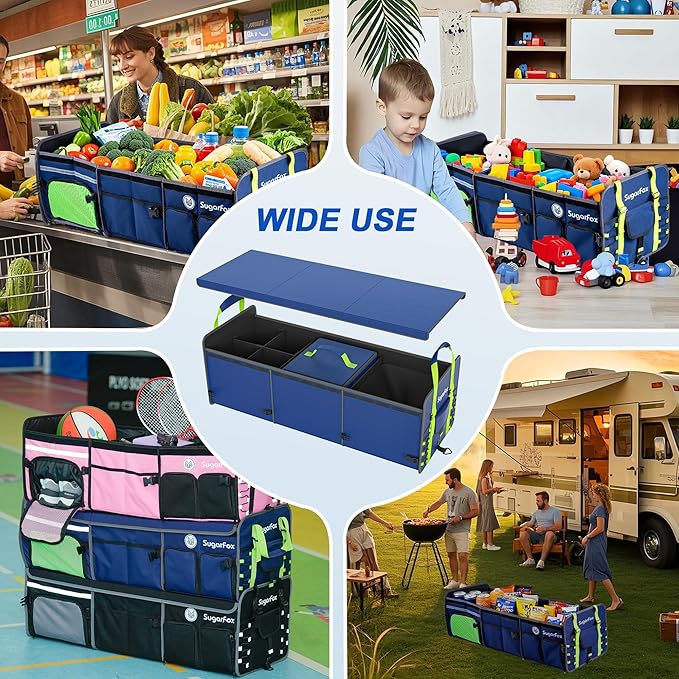 SugarFox Bold Color Block Trunk Organizer | 95L, 35"x13.8"x11.8" | Dedicated Shoe Storage & 26L Ice Pack | Foldable for SUV/Car/Jeep | Car Accessories for Men & Women - Blue-X212