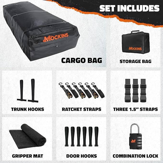 Mockins XXL 50 CuFt Car Rooftop Cargo Carrier Bag | Massive 85"x50"x20" Heavy Duty Car Luggage Roof Carrier Bag | All-Weather Vinyl Vehicle Soft-Shell Carriers with Anti-Slip Mat, Lock, Straps & Hooks