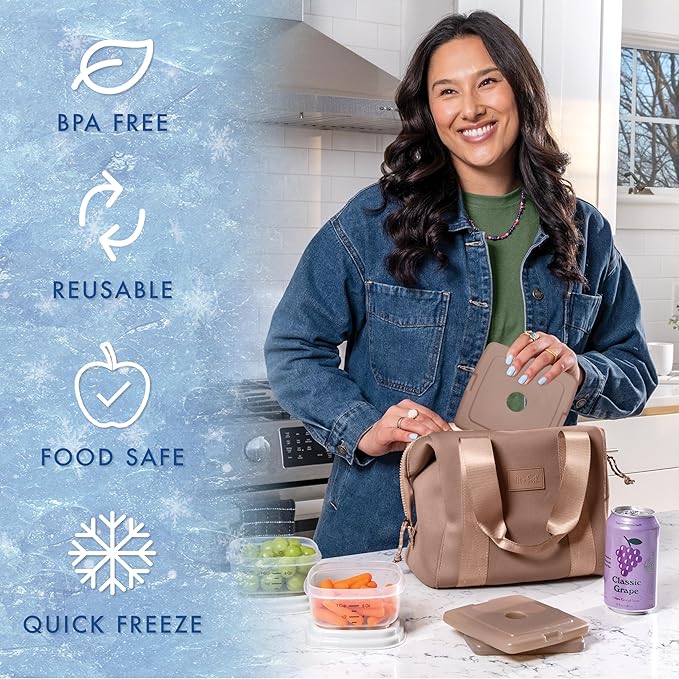 Cool Coolers by Fit & Fresh Slim Ice Packs, Quick Freeze Reusable Ice Packs for Lunch Boxes & Coolers, Long-Lasting, Space Saving Lunch Ice Packs, Taupe, 4Pk