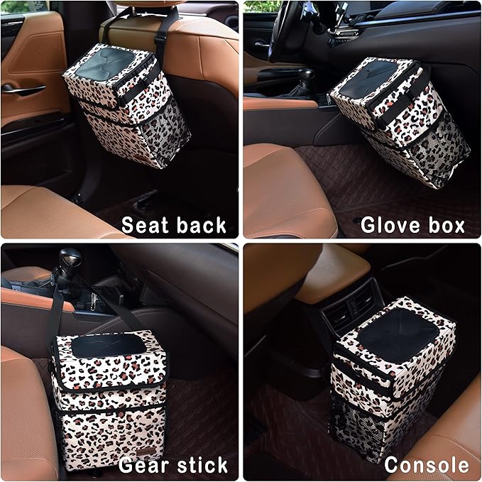 SIBOFUEGO Cute Car Trash Can with Lid – Multipurpose Collapsible Trash Bin for Car, Leak-Proof Organizer, Waterproof Garbage Can with Storage Pockets & Adjustable Straps, 2 Gallons (Leopard Print)