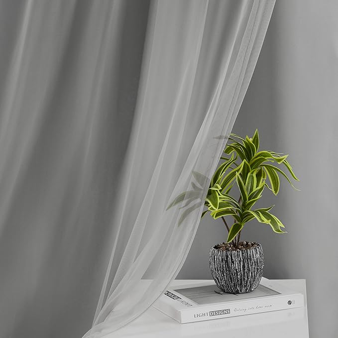 Bujasso Grey 90% Blackout Curtains with Sheer Overlay Mix and Match Double Layer Window Curtains Thermal Insulated 102 inch for Living Room Bedroom Gray Drapes with Tiebacks Grommet Top 54" Wx102 Lx2