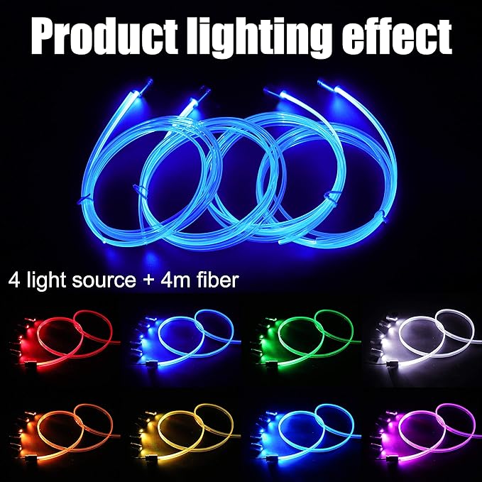 4 Meters Optic Fiber Car Ambient Lighting with RF Remote Control 8 Colors Multicoloured Music Interior Lighting Kit DC 12V 1W