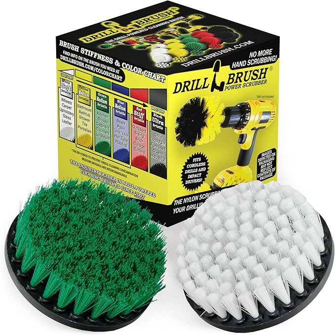 Household Cleaners - Drill Brush Soft White and Medium Green Combo Kit - Cleaning Supplies - Glass Cleaner - Scrub Brush - Leather, Shower Doors, Carpet, Fabric and Vinyl Seats - Kitchen Sink