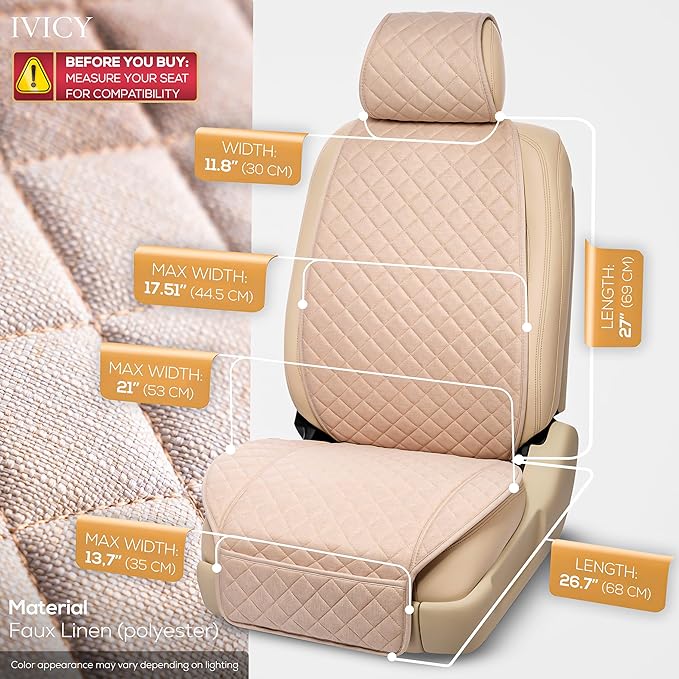 IVICY Faux Linen Front Car Seat Cover – Durable, Non-Slip Seat Protector for Cars – 1 Unit, Light Beige