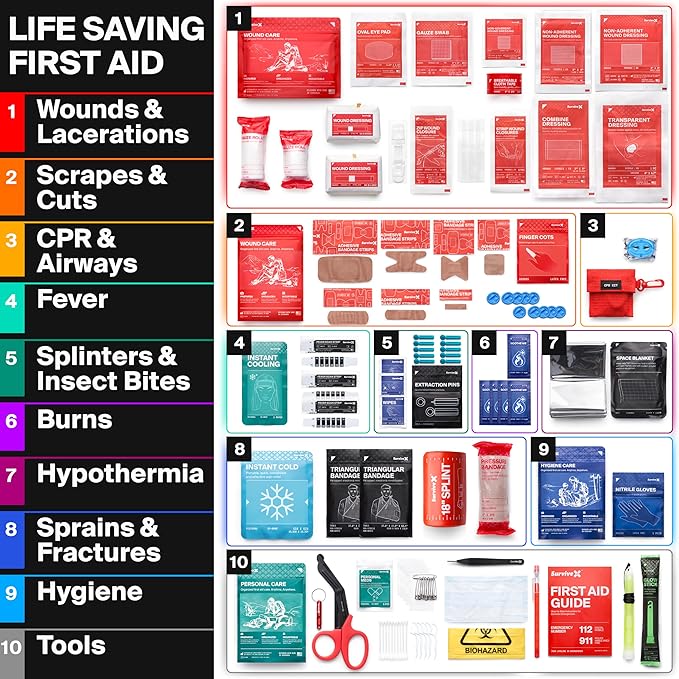 SurviveX Large First Aid Kit for Car, Travel & Home - Emergency Kit for Hiking, Camping, Backpacking and Outdoors - Includes Zip Stitch Wound Closure Strips (Pack of 2)