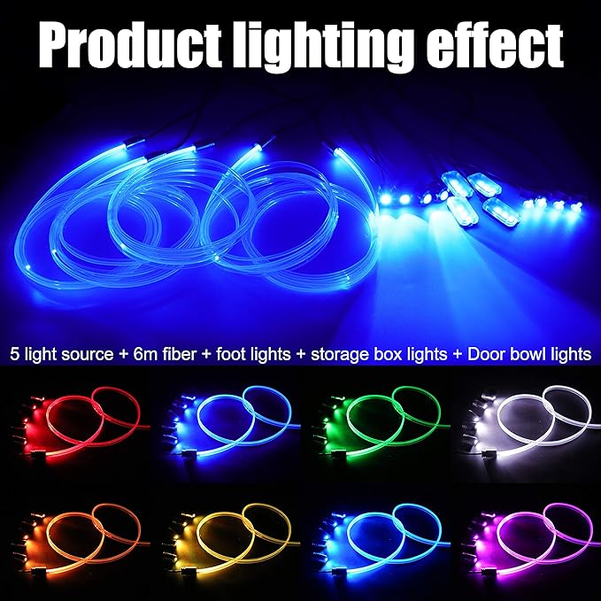 Car Interior Ambient Lighting Optic Fiber RGB 64 Colors Multicoloured Music Car Footwell Lighting Kit with Cigarette Lighter and App Microphone, DC 12V-24V 1W 6m