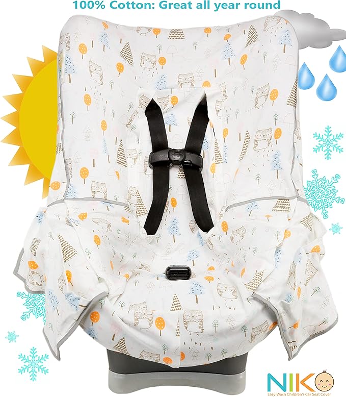 Niko Easy-Wash Children's Car Seat Cover & Liner - 100% Cotton Jersey - Owl Cream/Multi - Fits Most Toddler Car Seats - Universal Fit - Waterproof SEAT Bottom - Machine Wash and Dry