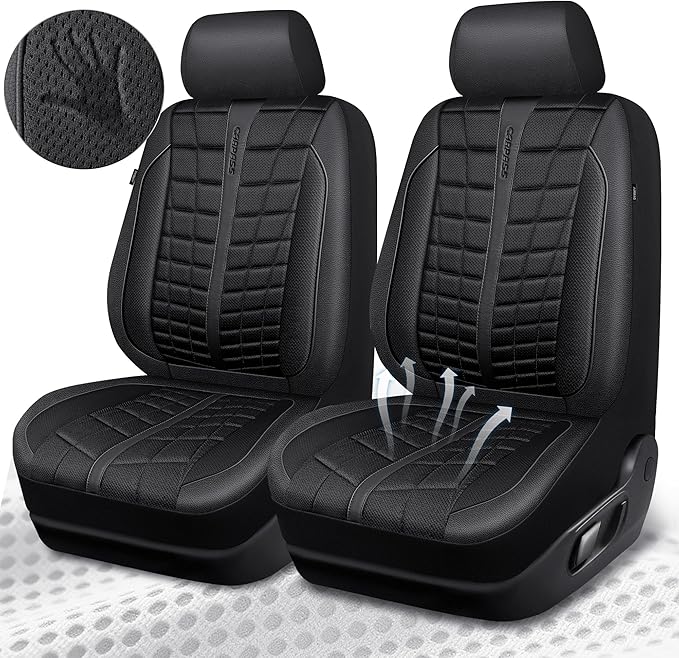 CAR PASS 3D Air Mesh Seat Covers for Car, Leather Car Seat Cover Front Seats, Breathable Foam Premium Leather Mesh Front Seat Covers Universal Fit for Cars Sedans Trucks Vans SUVs, All Black