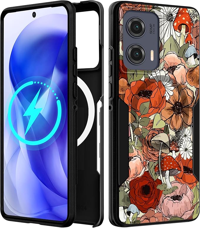 for Moto Edge 2024 Case - Compatible with MagSafe Women Girls Cute Magnetic Protective Phone Cover Girly Kawaii Mushroom Flower Heavy Duty Shockproof Design for Motorola Moto Edge 2024 Cases