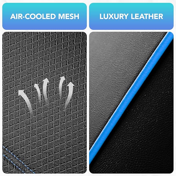 Road Comforts Car Seat Covers, Leather Front Seat Covers with Piping, Air-Cool Mesh Designed, Airbag Compatible Automotive Seat Covers for Most Car, Truck, Van, SUV - Black with Blue Piping