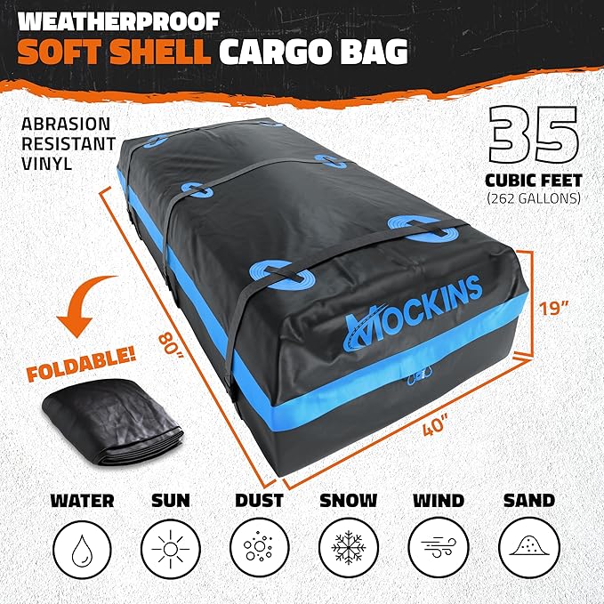 Mockins 35 Cu Ft XL Car Rooftop Cargo Carrier Bag | 80"x40"x19" All-Weather Vehicle Soft-Shell Carriers for Vehicles with or Without Roof Racks | Secure Luggage Bag for Car Roof Storage & Accessories