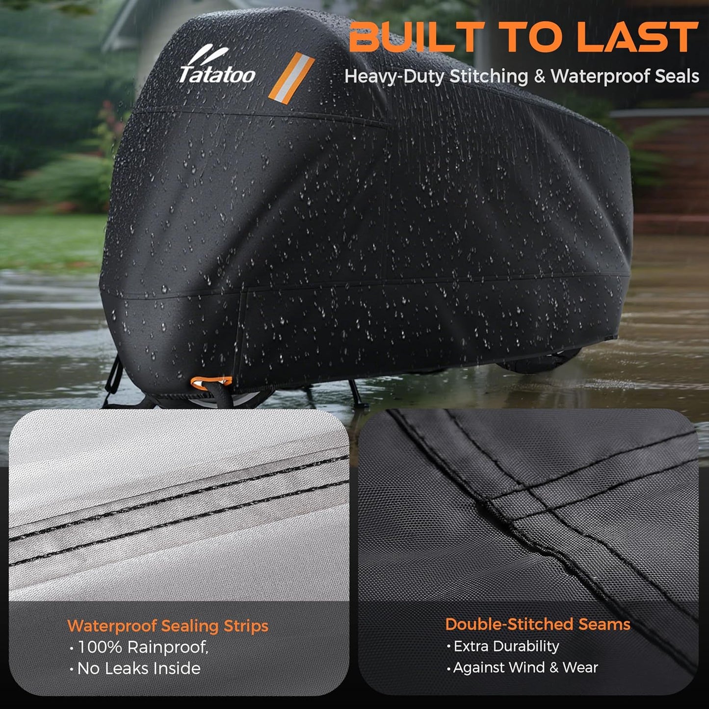 Motorcycle Cover Waterproof Outdoor, 300D Heavy Duty, UV & Rain Resistant, 3 Wind-Resistant Buckles, Dual Lock Holes, Includes Storage Bag, Fits Most Motorcycles up to 104",Silver