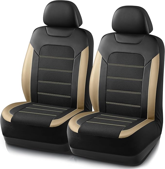 PIC AUTO Car Seat Covers, Premium Leather and Air Mesh Automotive Sports Seat Covers, Two Front Set, Airbag Compatible Universal Fits Most Cars, SUVs, Trucks and Vans (Black & Beige)