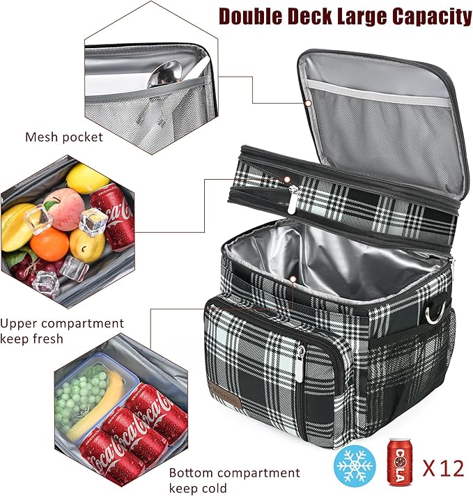 MIYCOO Lunch Bag & Lunch Box for Women Men, Double Deck Leakproof Insulated Soft Large Adult Camping Cooler bag for Work, Beach, Picnic, Travel (Checkered Black and White, 15L)