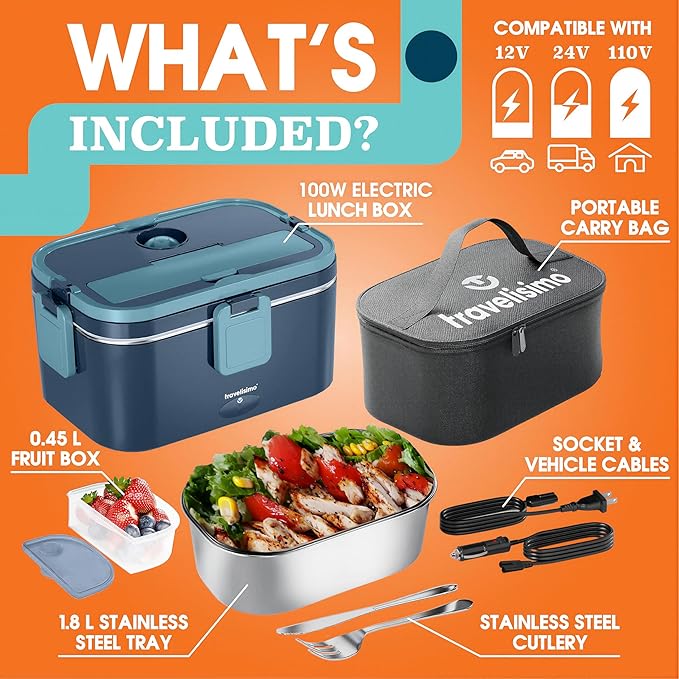 TRAVELISIMO Extra-Large Electric Lunch Box For Adults Holds up to 8 Cups - 100W Heated Lunch Box For Men 1.8L, Portable Food Warmer for Travel & Work, Loncheras Electricas Para Calentar Almuerzo