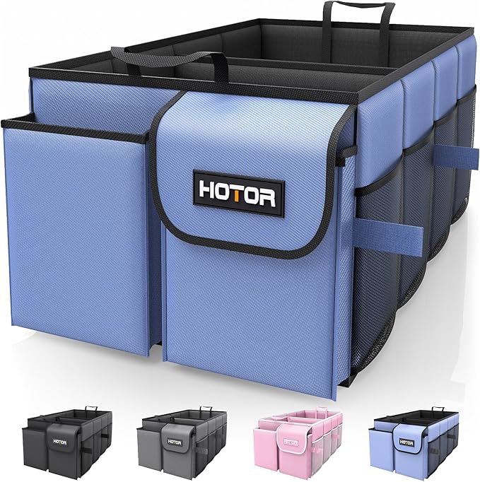 HOTOR Foldable Trunk Organizer - SUV & Sedan Compatible, 2 Compartments, Blue, 23.6"14.2"10.6" Sturdy Car Organization for Accessories, Tools, Sundries