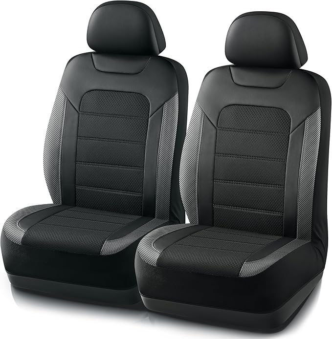 PIC AUTO Car Seat Covers, Premium Leather and Air Mesh with Carbon Fiber Automotive Sports Seat Covers, Two Front Set, Airbag Compatible Universal Fits Most Cars, SUVs, Trucks and Vans (Black & Black)