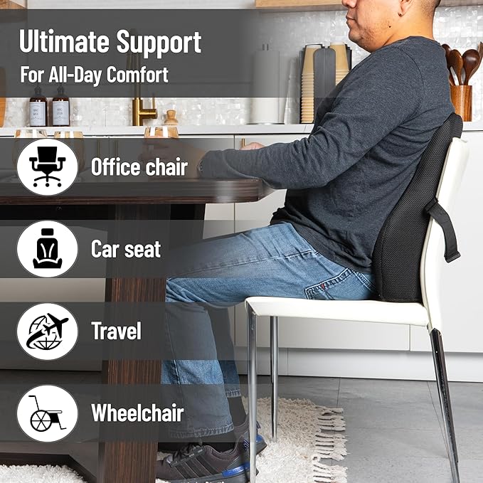 Mind Reader Air-Cloud Lumbar Cushion, Ergonomic Memory Foam Back Support Pillow for Office Chairs, Recliners, and Car Seats, Chiropractor-Recommended, Black