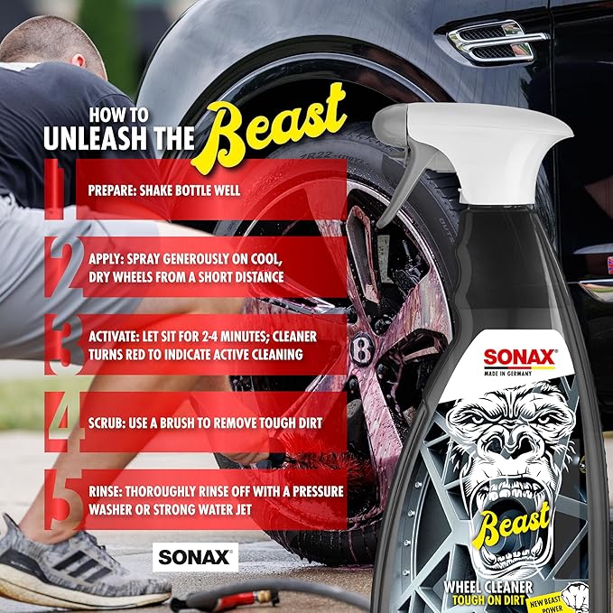 SONAX Beast Wheel Cleaner | Brake Dust Cleaner | Color Changing Rim Cleaner | Strong Wheel Cleaner | Easy Wheel and Rim Cleaner | Removes Baked On Brake Dust | 1 Liter | 33.8 fl oz