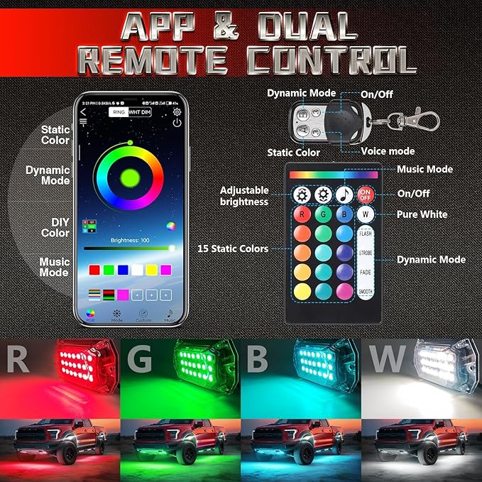 20 Pods Full Angle RGBW LED Rock Lights for Truck Jeeps RV Pickup Offroad UTV SUV Van, Upgraded RGB Waterproof Multicolor Neon Underglow Kit with APP/RF Remote Vehicle Underbody Light Underneath 12V