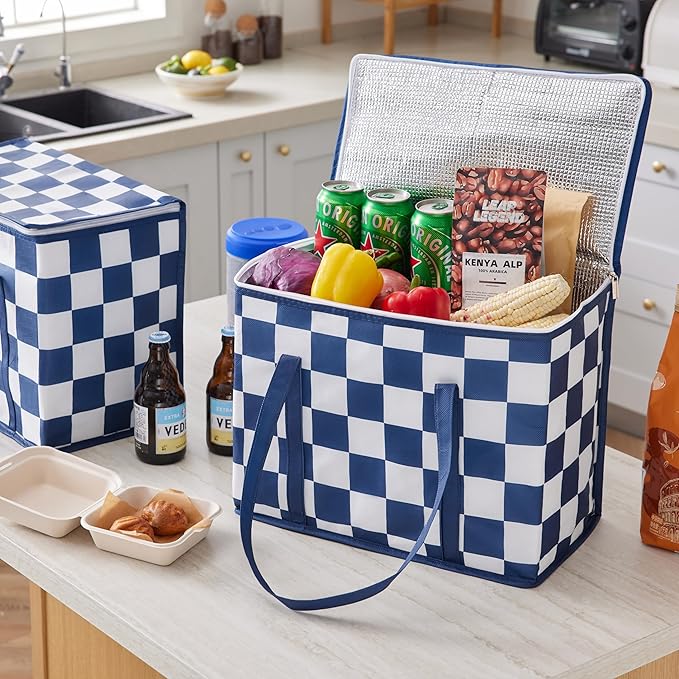 Checkered Insulated Grocery Bags 2 Pack, Checkerboard Cooler Shopping Bags for Groceries, Insulated Bags for Food Delivery