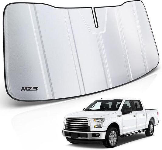 MZS Windshield Sun Shade Compatible with F150 2015-2020, Foldable Truck Sun Shade Shield with Storage Pouch, Front Window Visor F150 Sunshade Accessories for Interior Protector