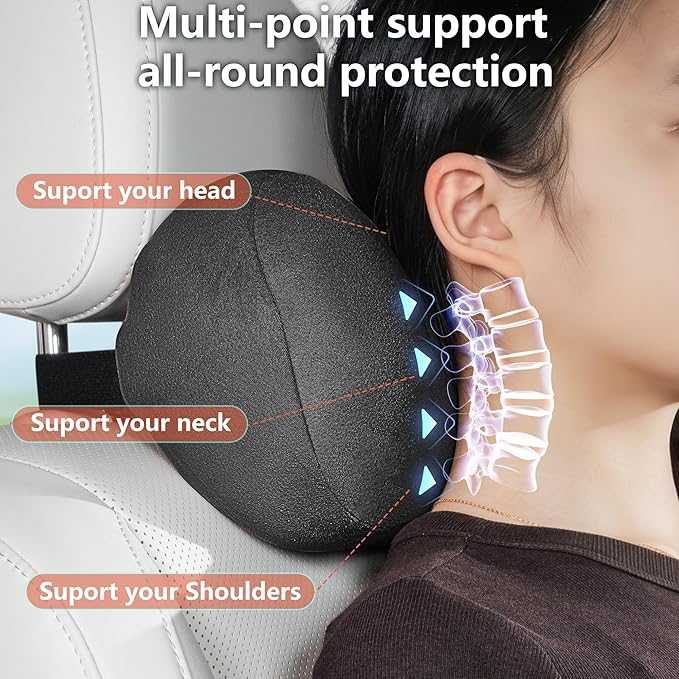 Car Neck Pillow Ergonomic Design Memory Foam Softness Car Headrest Pillow for Neck Support Cushion for Driving, Universal Fit Head Rest Travel Pillow, Fits All Vehicles, Black, 2 Pack