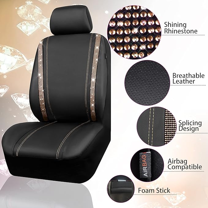 CAR PASS Bling Diamond Car Seat Covers Full Sets, Shining Rhinestone Waterproof Faux Leather, with Zipper, Universal Fit Automotive Glitter Crystal Sparkle Strips Cute Women Girl, Champagne Gold